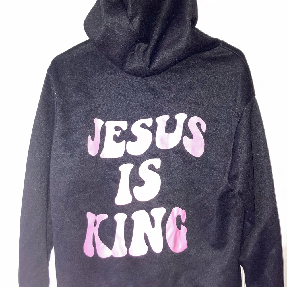 SHEIN Black Pullover Hoodie w/ Pink ‘Jesus Is King’ Print